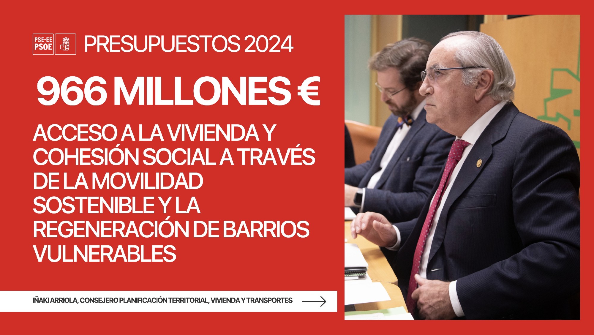 El acceso a la vivienda y la cohesión social de Euskadi a través de la movilidad sostenible y de la regeneración de barrios vulnerables contarán con un presupuesto de 966,4 millones de euros en 2024 